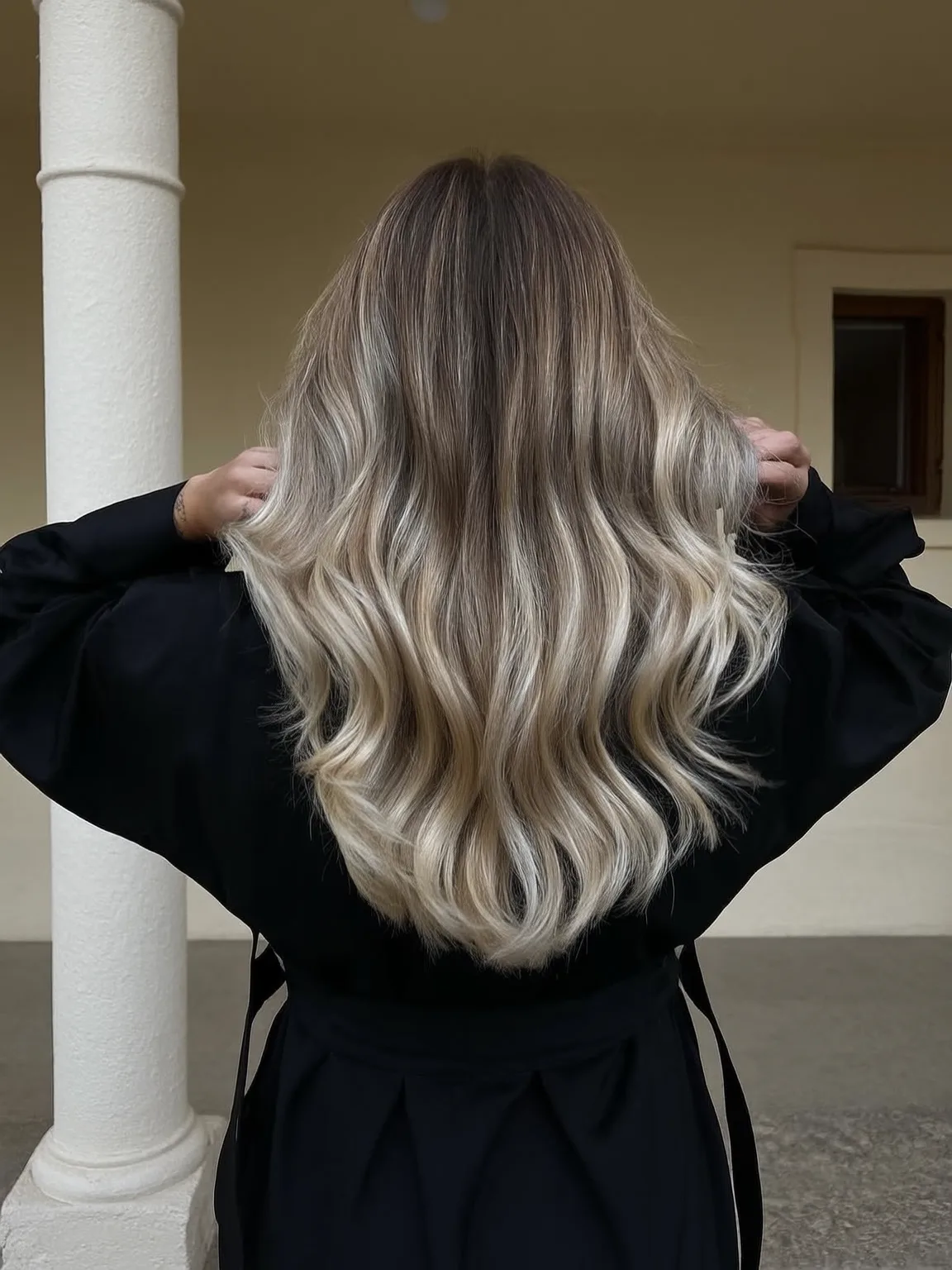 Ash Blonde Voluminous Long Layers with Natural Roots